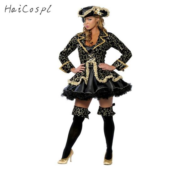 Disfraz de pirata mujer sexy falda halloween cosplay fantasy stage dorado negro con sombrero blinder