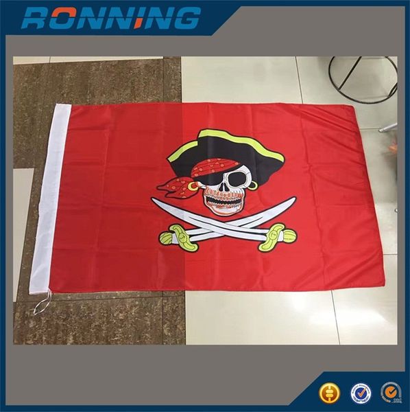 Cráneo humano pirata con cuchillos Bandera Fondo rojo 100D Poliéster de alta calidad para decoración, envío gratis