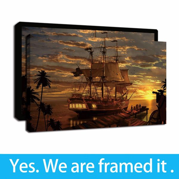 Pirate Ship Decor Canvas Print, Prêt à accrocher Pirate Encadré Canvas Art Pirate Pictures for Home Decor Voilier Wall Art Seascape