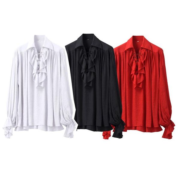 Camisa Pirata Renacimiento Medieval Disfraces de Cosplay Unisex Mujeres Hombres Vintage Vampiro Colonial Gótico Volantes Poeta Blusa Blanca Blac308m