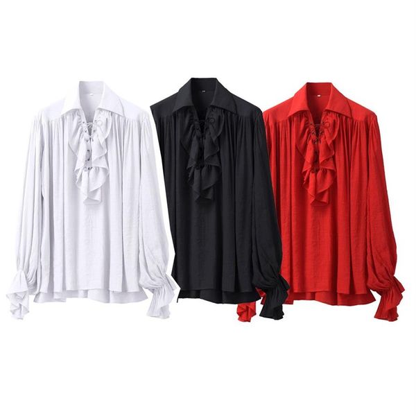 Camisa pirata Renacimiento Medieval Disfraces de cosplay Unisex Mujeres Hombres Vintage Vampiro Colonial Gótico Volantes Poeta Blusa Blanca Blac2266