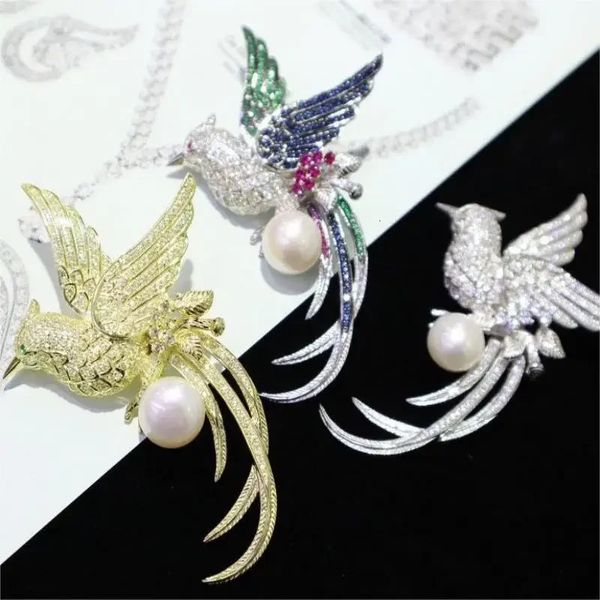 Pirmiana 2023 élégant S925 argent trois couleurs zircone 5A pierres précieuses perle colibri broche bijoux pour femme cadeau 240106