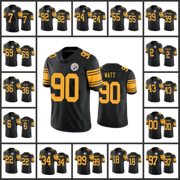 Pittsburgh''Steelers''Men #22 Najee Harris 2 Mason Rudolph 55 Devin Bush 36 Jerome Bettis 90 T.J.Watt – maillot personnalisé noir pour femmes et jeunes, couleur Rush limitée