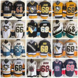 Pittsburgh Throwback Penguins Retro Hockey 68 Jaromir Jagr Jersey Vintage Classic CCM Zwart Wit Blauw Geel Team Kleur Borduursel voor Spor 9928 1024