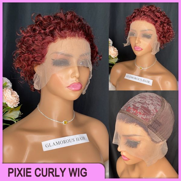 Pixie Curly Cut 13x1 Wig Short Malasia Peruvian India Brasil Brasileño Oscuro Rojo 100% Raw Virgin Remy Human Hair P8