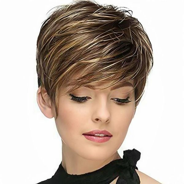 Pixie Coup Human Hair Wigs for Women Brown Curly Bob Bob Full Machine Fabriqué P4 / 27 Wigs de cheveux vierges brésiliennes sans mon gluant