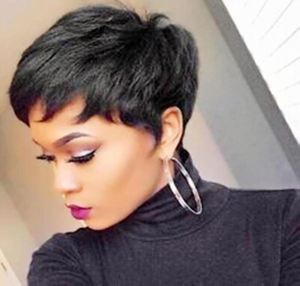 Pixie Cut Ninguno Lace de encaje Pelera delantera Piel de cabello Bob bob para mujeres negras con flequillo Human Hair Full Machine Made77677755