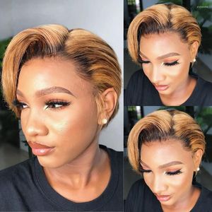 Pixie Cut Remy Human Hair Wig Korte rechte bob 13x4x1 Transparante kant ombre kleur voor vrouwen vooraf geplukt gluueless