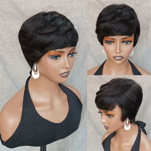 Peluca de corte Pixie Bob corto para mujeres negras, pelucas de cabello humano de ondas profundas con peluca recta, hecha a máquina, estilo de moda 2022
