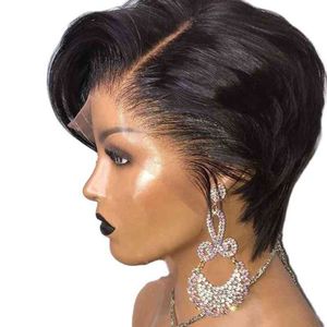 Perruque coupe lutin cheveux humains court Bob humain sans colle s partie latérale dentelle avant Transparent s 220608