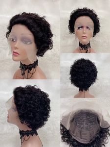 Perruque coupe lutin courte bouclée dentelle frontale Bob perruques de cheveux humains pré plumées avec délié naturel