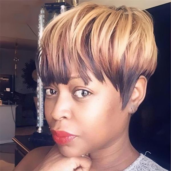 Pixie Coup Wigs for Black Women Hoim Human Short Bob Wigs with Bangs Black mixe Brown Highlight Color Wigs Afro-American Mixed Couleur