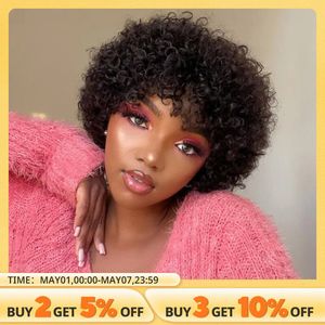 Pixie Corto Afro Curly Bob Piel de cabello humano con flequillo para mujeres Remy Remy Hair Wear and Go Natural Brown Kinky Curly Wigs 240430