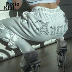 PixieKiki Sparkly Strass Pantalons de survêtement Joggers Femmes Vêtements Streetwear Noir Blanc Pantalon de sport Pantalon taille haute P68-CH44 X0629