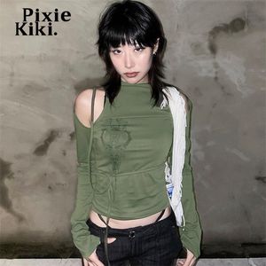 Pixiekiki Y2K esthetische uitsparing lange mouw top sexy mode koude schouder lace up grafische t-shirts Harajuku Streetwear P85-BD18 220408