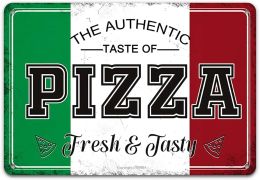 Letreros de estaño de pizza, el sabor de la pizza de la pizza fresco y sabroso, signo de metal de comida rápida para hombres para hombres, pared