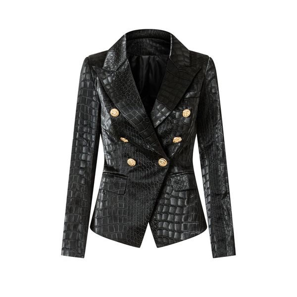 PL019 Conception Animal occasions Crocodile Motif En Cuir Noir Blazer Femmes Slim Fit Double Boutonnage Boutons Luxueux PU Rue Vestes