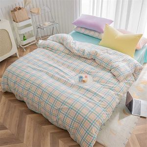 Geruite Beddengoed Sets Leuke Quilt Cover Kussensloop Blauw Bed Flat Sheets Modern Dekbedovertrek Sets Twin Full Single Girls Beddengoed 211203