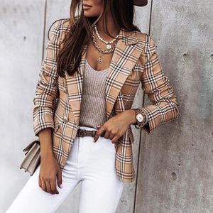 Plaid Blazer Jas Vrouwen Lente Herfst Lange Mouw Casual Slim Blazers Kaki Vrouw Jassen Herfst Elegant Kantoor Pak Jas 240306