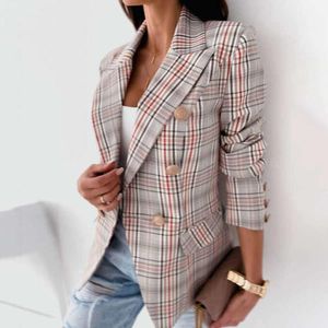 Geruite Blazer Jas Dames Lente Herfst Lange Mouw Casual Slanke Dunne Blazers Kaki Vrouw Jassen Elegant Kantoor Pak Jas