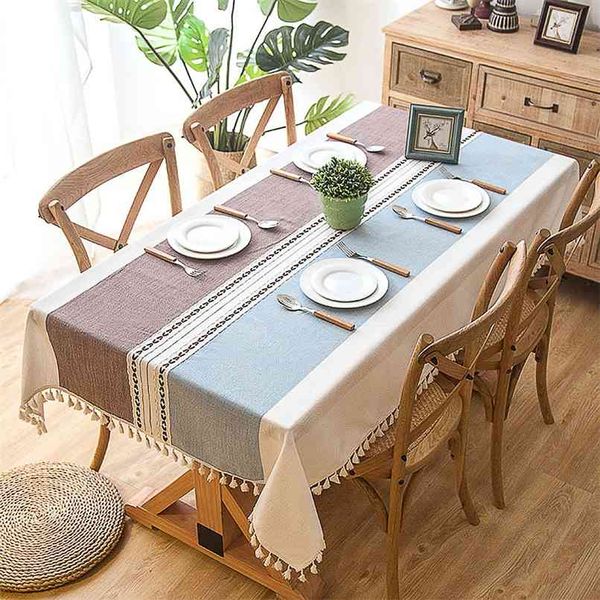 Mantel de lino decorativo a cuadros con borla impermeable a prueba de aceite grueso Rectangular cubierta de mesa de comedor de boda mantel de té 210626