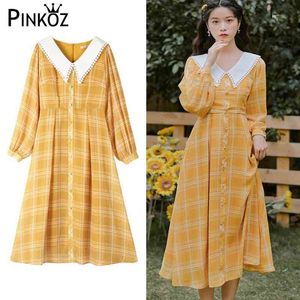 Plaid elegante jurk lente vrouwen lange mouw hoge taille vintage vrouwelijke Koreaanse stijl uit eendelige mode dame geel 210421