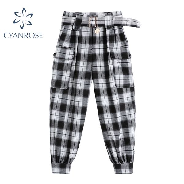 Plaid Harem Pantalon Coréen Chic Taille Haute Ceinture Élégant Poche Crayon Pantalon Vintage Casual Bureau Lady Baggy Ulzzang Pantalon 210417