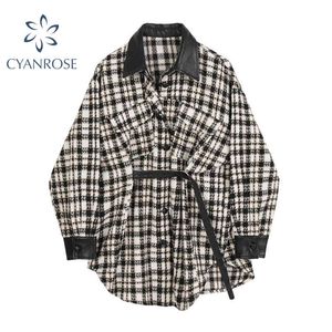 Plaid jas vrouwen lange mouw single breasted mode streetwear turn down vrouwelijke causale losse winter uitloper met riem tops 210417