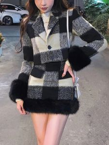 Plaid Gebreid Pak Vrouw Koreaanse 2 Delige Jurk Set Winter Vintage Mode Tops Vest Slanke Bodycon Y2k Mini Rok Chic 240202