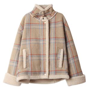 Plaid lam wollen jas vrouwen korte herfst en winter wilde Koreaanse versie van losse wollen dikke plus fluwelen jas 210930