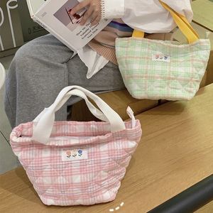 Plaid Lunch Bag Women Thermal Big Capaciteit Drawing Lunch Box Tote Food Bags Office Worker draagbare geïsoleerde voedselopslagtas 240415