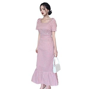 plaid maxi strakke jurk Koreaanse dames sexy zomer korte mouw cabaret party lange jurken voor vrouwen 210602