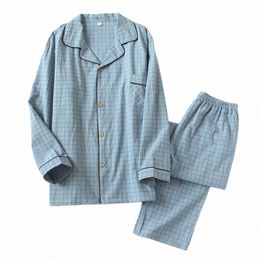 Men a cuadros Pajamas Sets Camiseta 2 PPCs Cott Cott Pajamas Traje de Otoño Macho Intereston Lencería Home Clothing I6DP#