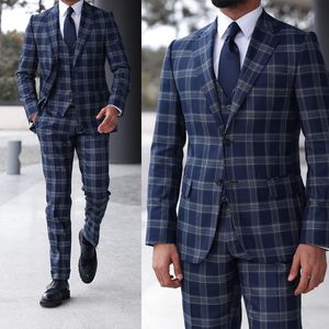 Plaid hommes costumes de mariage revers cranté smokings mode marié porter pour homme 3 pièces sur mesure (veste + pantalon + gilet)