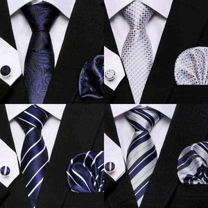 Conjunto de pañuelo de corbata a cuadros para hombre, corbata Extra, azul marino, Paisley, seda, Jacquard, cuello tejido, traje, fiesta de boda, grupo de negocios Y1229