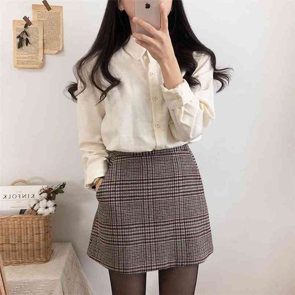 Plaid Mini laine femmes jupe Vintage droite courte taille haute filles jupes chemisier costume Femininas Mujer vendre séparément 210423