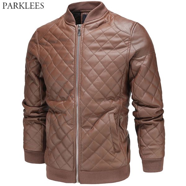 Chaqueta de motocicleta a cuadros para hombre Cuello de béisbol Chaqueta de cuero de imitación Hombres Casual con cremallera Estilo británico Chaquetas Hombre 3XL 210524