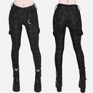 Pantalon à carreaux gothique Punk pantalon taille haute mode serré multi-poches fermeture éclair Y2k longs bas Streetwear Woemn crayon 210915