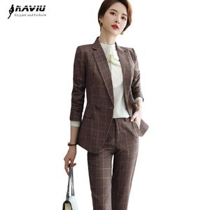 Plaid Pantalon Costume Professionnel Automne Hiver Temperamet Mode Rétro Formelle Blazer Ensembles Bureau Dames Buiness Travail Porter 210604