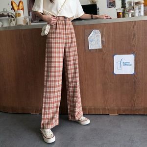 Pantalon à carreaux Vintage Pantalon à jambe large Femme Casual Taille haute Style coréen Straight Streetwear 210510