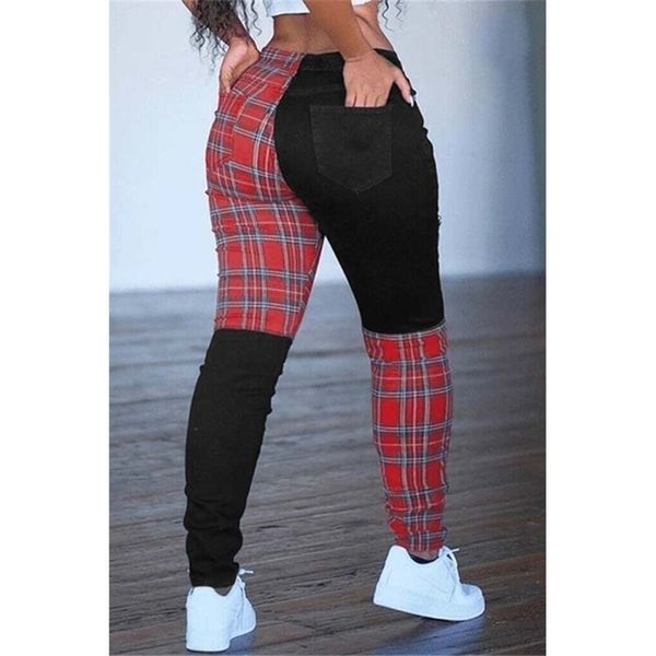 Pantalon à carreaux femmes taille haute pantalon maigre été printemps Streetwear femme mode Slin Fit Patchwork crayon grande taille 211115