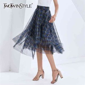 Plaid patchwork mesh rok voor vrouwen hoge taille vintage elegante midi rokken vrouwelijke herfst modieuze 210521