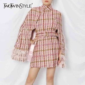 Plaid patchwork kwastje jas voor dames Turtleneck lange mouw hoge taille met sjerpen roze casual jas vrouwelijke 210524