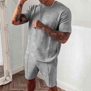 Plaid Print Sports Pak Korte Mouw Twee Stuk O-hals T-shirt Shorts Mannen Losse Sweat Suit Activewear G220224