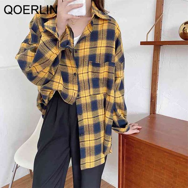 Chemise à carreaux Polo en vrac Revers Épaule à manches longues Chemisier à poche à simple boutonnage Tops Lady Jaune Long Blusa à carreaux 210601