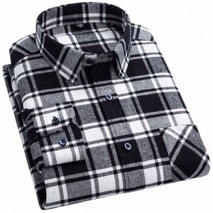 Chemises à carreaux pour hommes Lg manches 100% Cott Fi Single Patch Pocket Design Young Casual Standard-Fit épais flanelle chemise E8ZL #