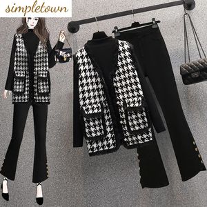 Geruite Splice Gebreid Vest Trui Met Lange Mouwen T-shirt Bell-Bottoms Driedelige Elegante Damesbroek Set Herfstoutfits 240113