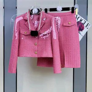 Set van geruit tweed kort jasje en splitrok voor dames elegante trendy outfits luxe lente 2-delig roze 240219