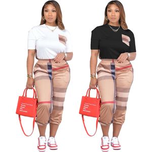 Plaid Two-Piece broek tracksuit dames casual t-shirt en bodems set dagelijkse outfits gratis schip