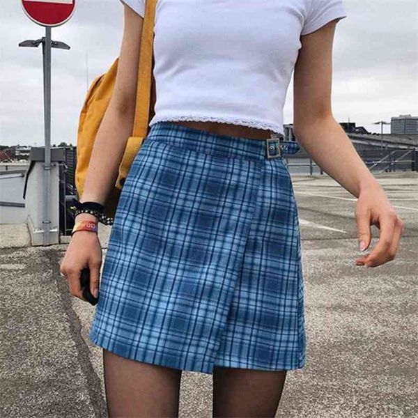 plaid vintage ceinture jupe femmes chic streetwear carreaux mini taille haute damier une ligne bleu 210427